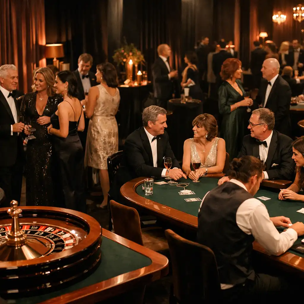 Réception de gala avec tables de roulette et de poker, invités et croupiers professionnels