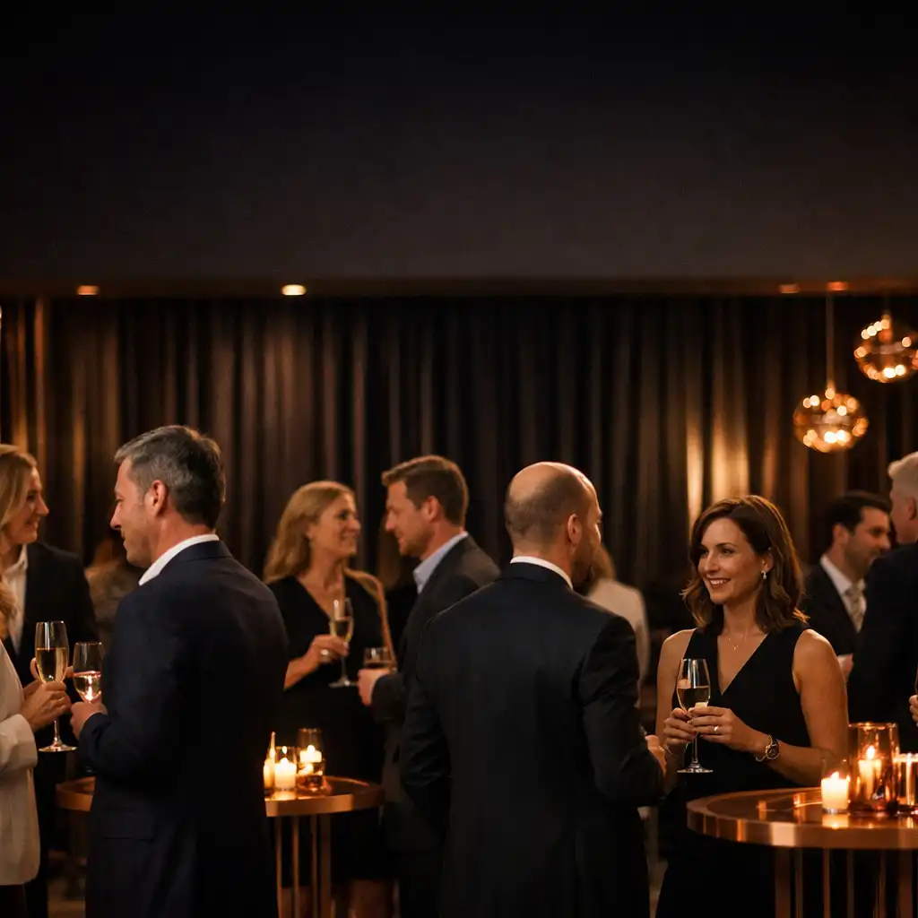 Invités échangeant lors d’une réception d’entreprise en soirée