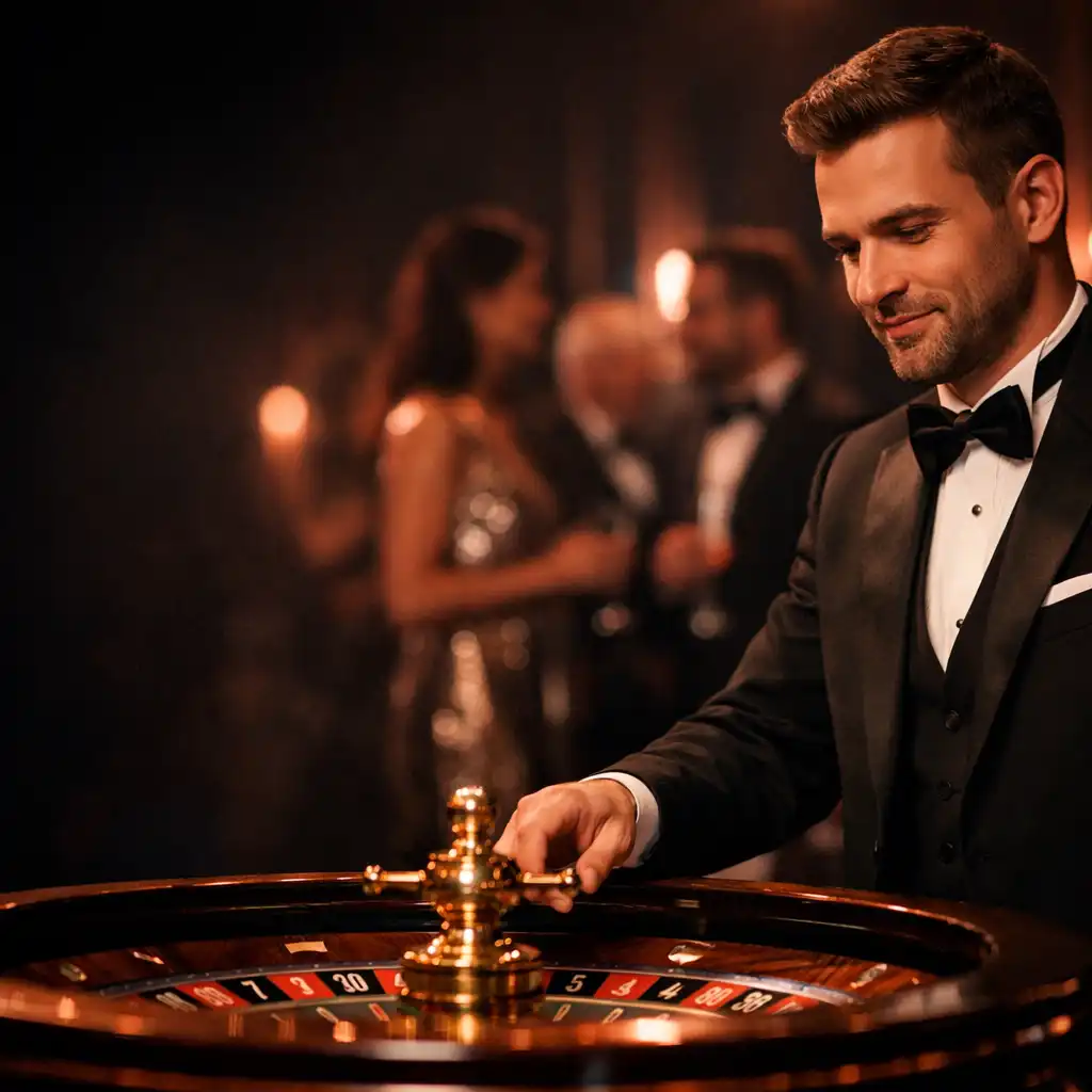 Croupier professionnel près d'une roulette pendant une réception élégante