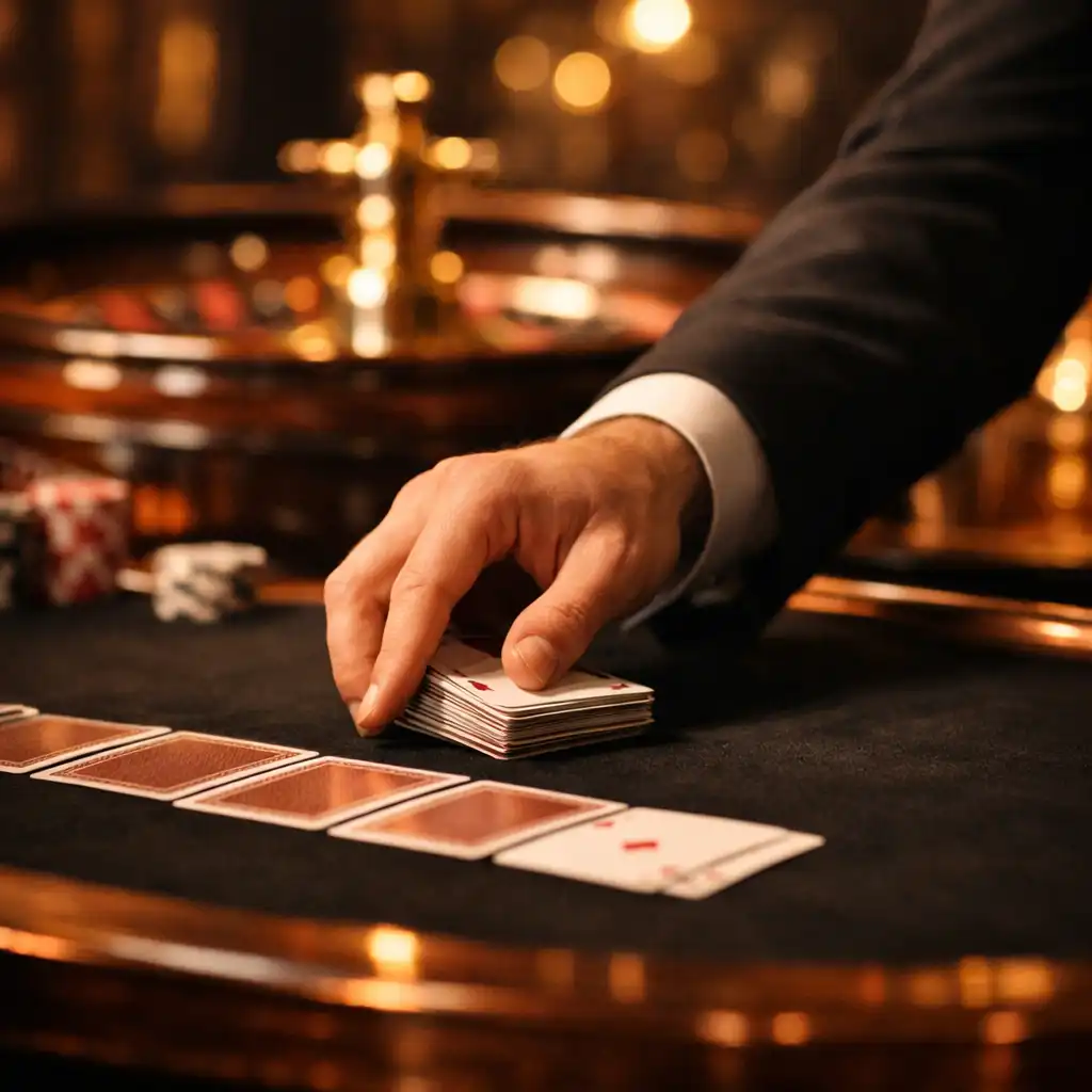 Main de croupier professionnel sur une table de réception