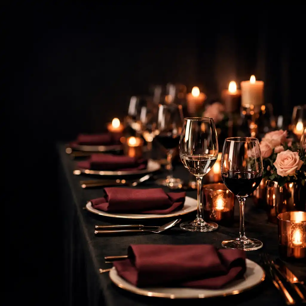 Table de gala privée dressée dans une ambiance sombre et élégante